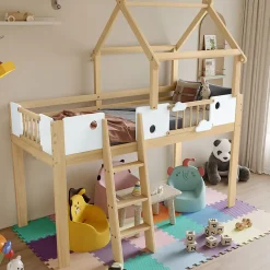 Okwish Lit mezzanine 90x200 cm simple avec échelle 3 niveaux et protection, bois pin MDF contreplaqué blanc et naturel sans matelas* Lit Mezzanine