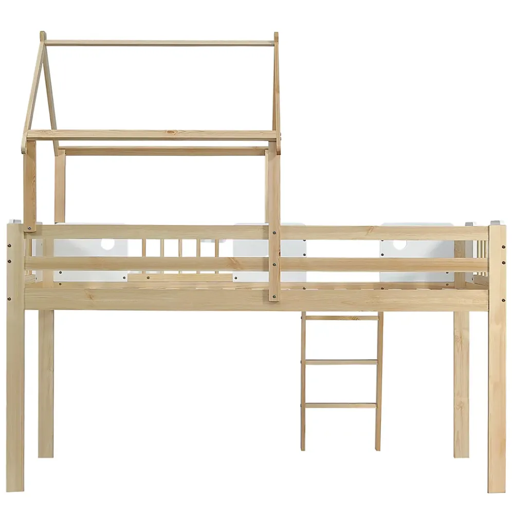 Okwish Lit mezzanine 90x200 cm simple avec échelle 3 niveaux et protection, bois pin MDF contreplaqué blanc et naturel sans matelas* Lit Mezzanine