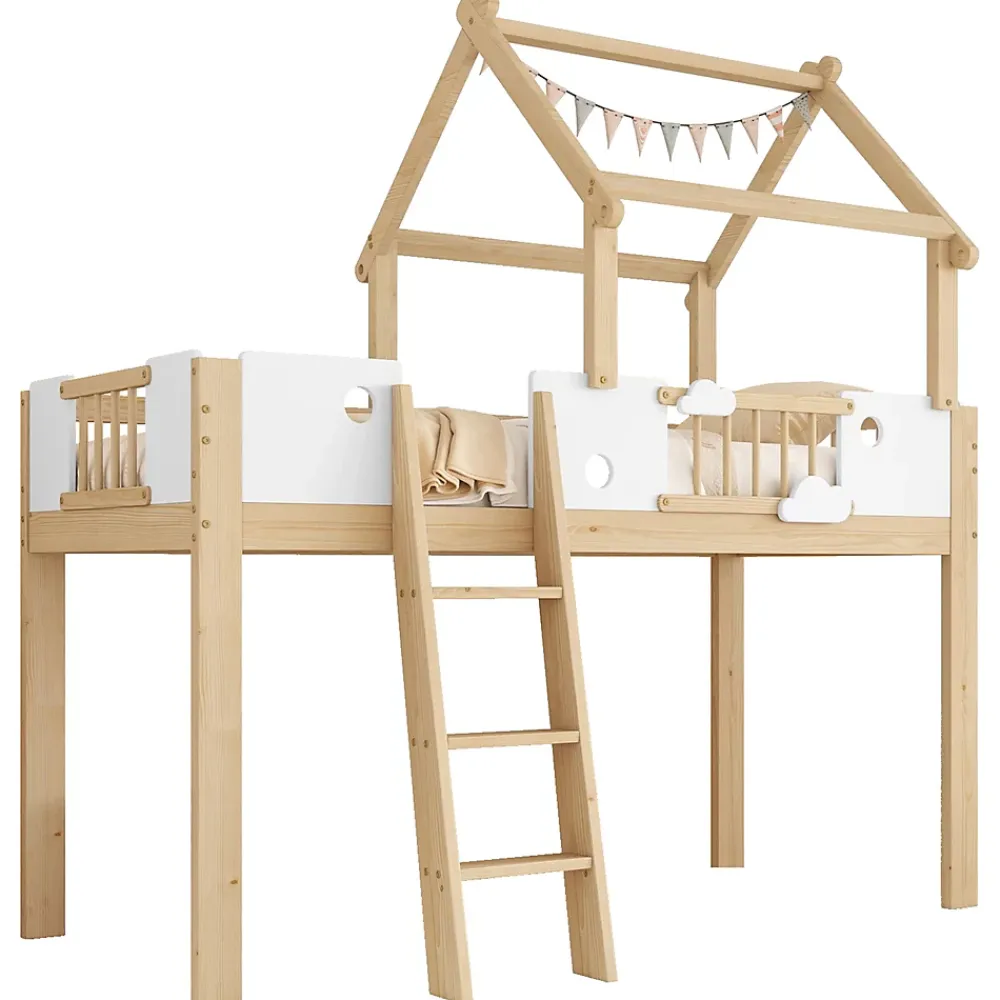 Okwish Lit mezzanine 90x200 cm simple avec échelle 3 niveaux et protection, bois pin MDF contreplaqué blanc et naturel sans matelas* Lit Mezzanine