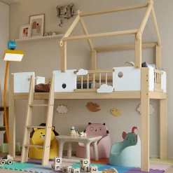 Okwish Lit mezzanine 90x200 cm simple avec échelle 3 niveaux et protection, bois pin MDF contreplaqué blanc et naturel sans matelas* Lit Mezzanine