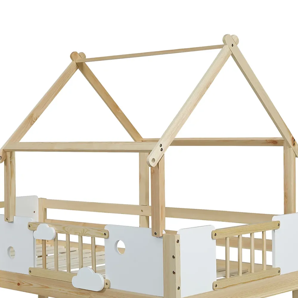 Okwish Lit mezzanine 90x200 cm simple avec échelle 3 niveaux et protection, bois pin MDF contreplaqué blanc et naturel sans matelas* Lit Mezzanine