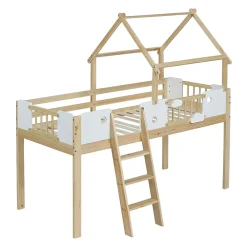 Okwish Lit mezzanine 90x200 cm simple avec échelle 3 niveaux et protection, bois pin MDF contreplaqué blanc et naturel sans matelas* Lit Mezzanine
