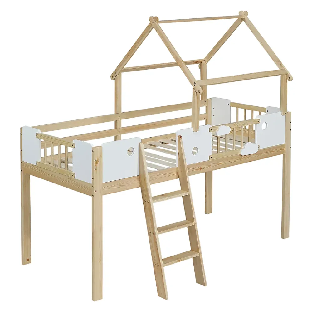 Okwish Lit mezzanine 90x200 cm simple avec échelle 3 niveaux et protection, bois pin MDF contreplaqué blanc et naturel sans matelas* Lit Mezzanine