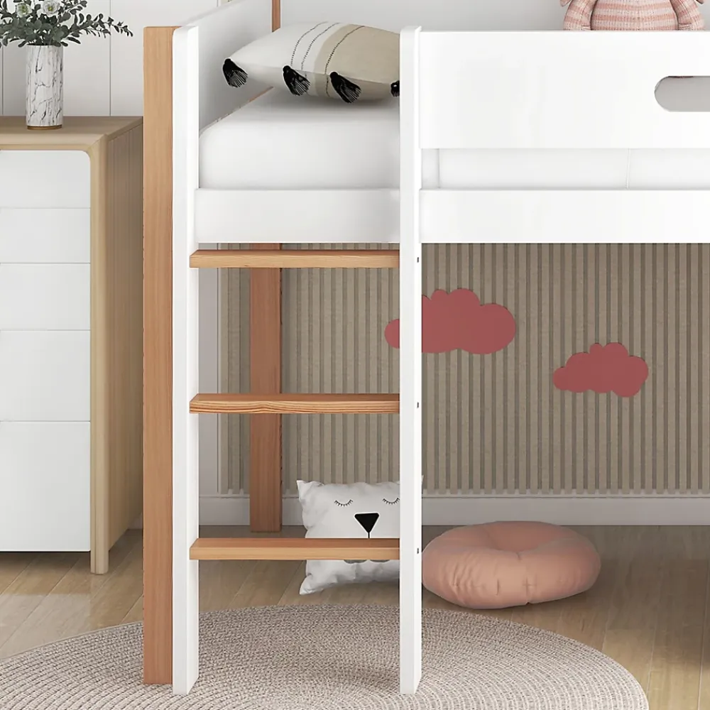 Okwish Lit mezzanine 90x200 cm simple enfant avec armoires amovibles et protection antichute, pin et MDF, naturel et blanc sans matelas* Lit Mezzanine