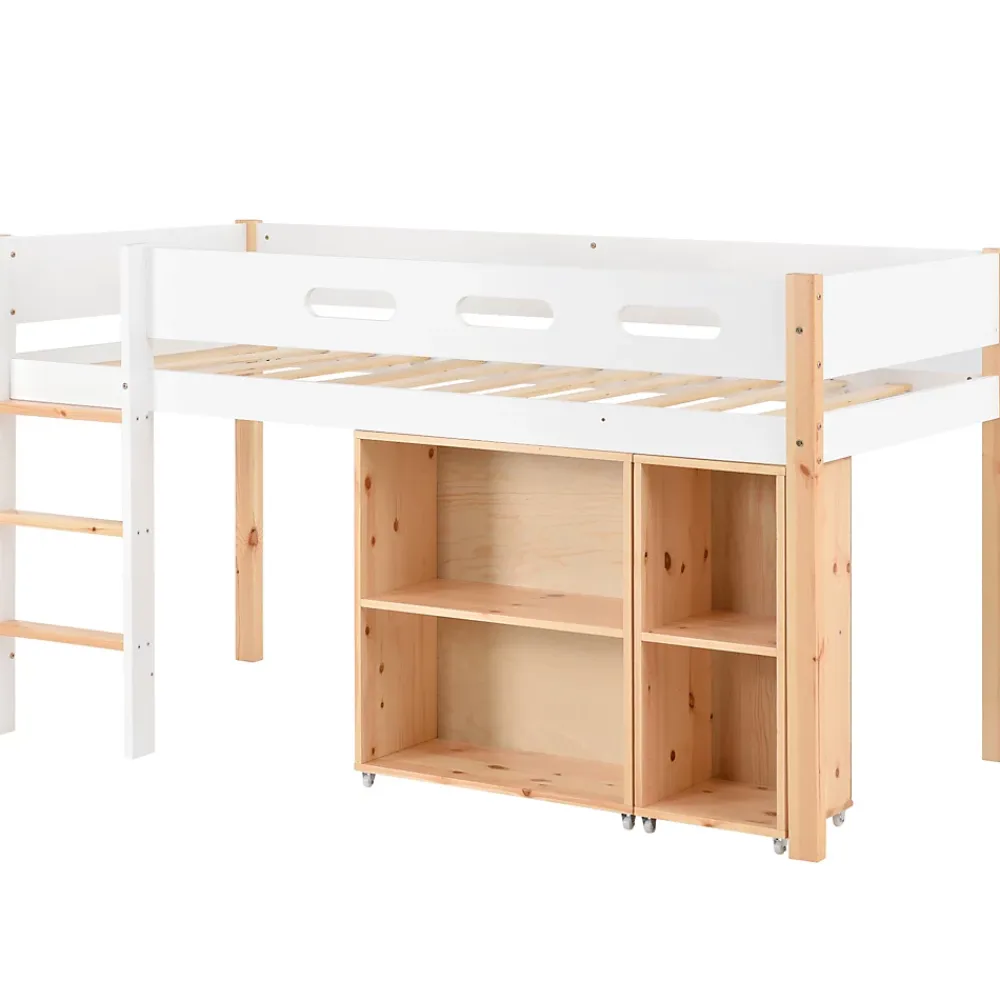 Okwish Lit mezzanine 90x200 cm simple enfant avec armoires amovibles et protection antichute, pin et MDF, naturel et blanc sans matelas* Lit Mezzanine