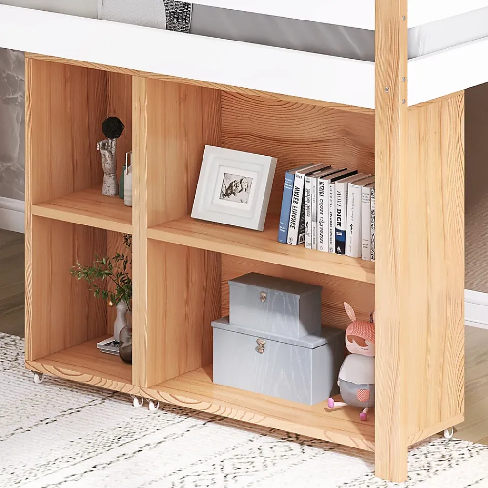 Okwish Lit mezzanine 90x200 cm simple enfant avec armoires amovibles et protection antichute, pin et MDF, naturel et blanc sans matelas* Lit Mezzanine