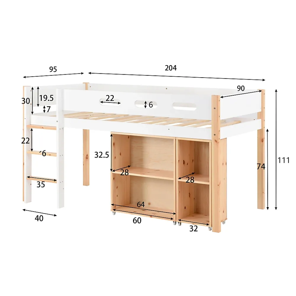 Okwish Lit mezzanine 90x200 cm simple enfant avec armoires amovibles et protection antichute, pin et MDF, naturel et blanc sans matelas* Lit Mezzanine