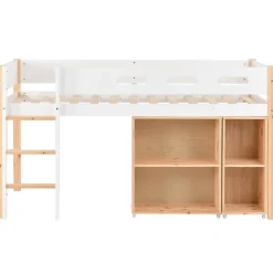 Okwish Lit mezzanine 90x200 cm simple enfant avec armoires amovibles et protection antichute, pin et MDF, naturel et blanc sans matelas* Lit Mezzanine