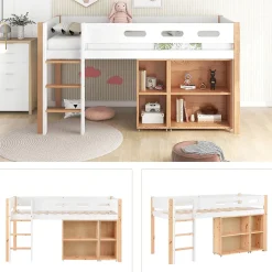 Okwish Lit mezzanine 90x200 cm simple enfant avec armoires amovibles et protection antichute, pin et MDF, naturel et blanc sans matelas* Lit Mezzanine