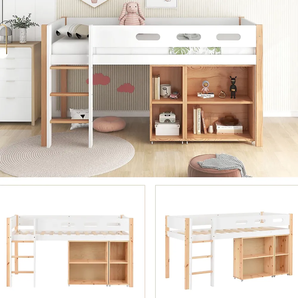 Okwish Lit mezzanine 90x200 cm simple enfant avec armoires amovibles et protection antichute, pin et MDF, naturel et blanc sans matelas* Lit Mezzanine