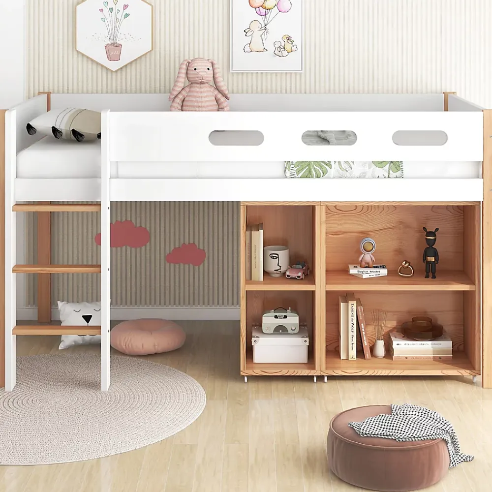 Okwish Lit mezzanine 90x200 cm simple enfant avec armoires amovibles et protection antichute, pin et MDF, naturel et blanc sans matelas* Lit Mezzanine