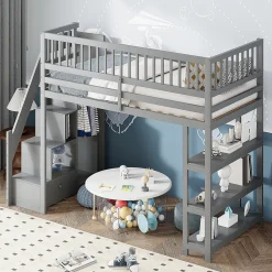 Lit mezzanine 90x200 cm simple avec rangement, escalier sécurisé, placard et étagères, bois massif et MDF gris sans matelas>Okwish Best