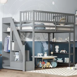 Lit mezzanine 90x200 cm simple avec rangement, escalier sécurisé, placard et étagères, bois massif et MDF gris sans matelas>Okwish Best