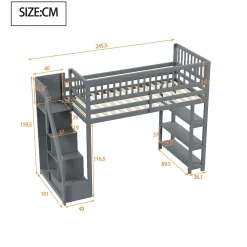 Lit mezzanine 90x200 cm simple avec rangement, escalier sécurisé, placard et étagères, bois massif et MDF gris sans matelas><noscript><img width=
