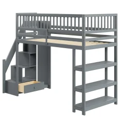 Lit mezzanine 90x200 cm simple avec rangement, escalier sécurisé, placard et étagères, bois massif et MDF gris sans matelas><noscript><img width=