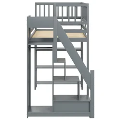 Lit mezzanine 90x200 cm simple avec rangement, escalier sécurisé, placard et étagères, bois massif et MDF gris sans matelas><noscript><img width=