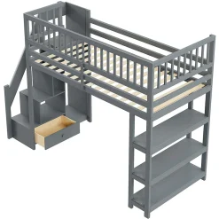 Lit mezzanine 90x200 cm simple avec rangement, escalier sécurisé, placard et étagères, bois massif et MDF gris sans matelas><noscript><img width=