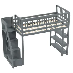Lit mezzanine 90x200 cm simple avec rangement, escalier sécurisé, placard et étagères, bois massif et MDF gris sans matelas><noscript><img width=