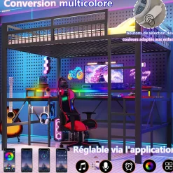 Okwish Lit Mezzanine 140x200 cm-Bureau Intégré, Éclairage LED Réglable et Panneau Perforé, Ports USB, Type-C et 2 Prises - Métal/MDF Noir* Lit Mezzanine