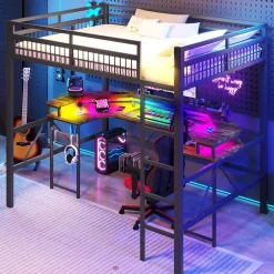 Okwish Lit Mezzanine 140x200 cm-Bureau Intégré, Éclairage LED Réglable et Panneau Perforé, Ports USB, Type-C et 2 Prises - Métal/MDF Noir* Lit Mezzanine