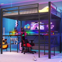 Okwish Lit Mezzanine 140x200 cm-Bureau Intégré, Éclairage LED Réglable et Panneau Perforé, Ports USB, Type-C et 2 Prises - Métal/MDF Noir* Lit Mezzanine