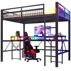 Okwish Lit Mezzanine 140x200 cm-Bureau Intégré, Éclairage LED Réglable et Panneau Perforé, Ports USB, Type-C et 2 Prises - Métal/MDF Noir* Lit Mezzanine