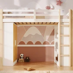 Lit mezzanine 90x200cm - avec éclairage LED - avec armoire - avec étagères - blanc + naturel (matelas non inclus)>ModernLuxe Outlet
