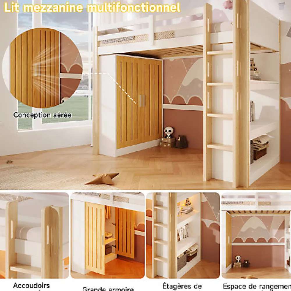 Lit mezzanine 90x200cm - avec éclairage LED - avec armoire - avec étagères - blanc + naturel (matelas non inclus)>ModernLuxe Outlet