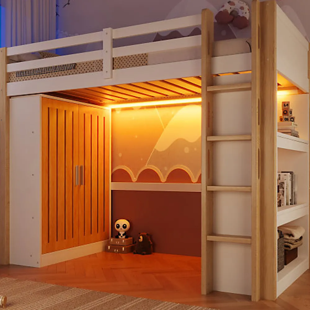 Lit mezzanine 90x200cm - avec éclairage LED - avec armoire - avec étagères - blanc + naturel (matelas non inclus)>ModernLuxe Outlet