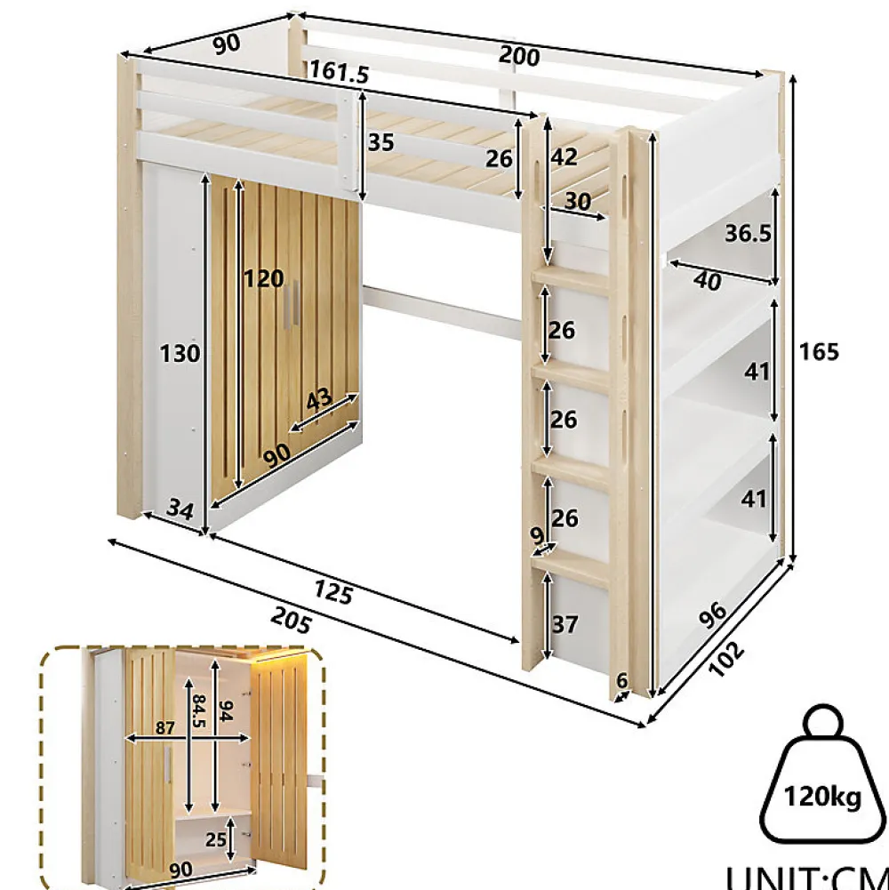 Lit mezzanine 90x200cm - avec éclairage LED - avec armoire - avec étagères - blanc + naturel (matelas non inclus)>ModernLuxe Outlet