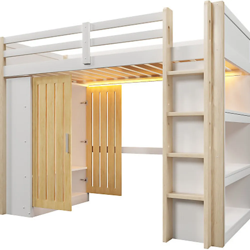 Lit mezzanine 90x200cm - avec éclairage LED - avec armoire - avec étagères - blanc + naturel (matelas non inclus)>ModernLuxe Outlet