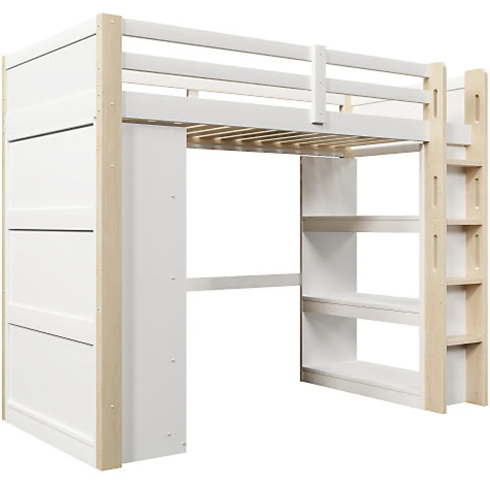 Lit mezzanine 90x200cm - avec éclairage LED - avec armoire - avec étagères - blanc + naturel (matelas non inclus)>ModernLuxe Outlet