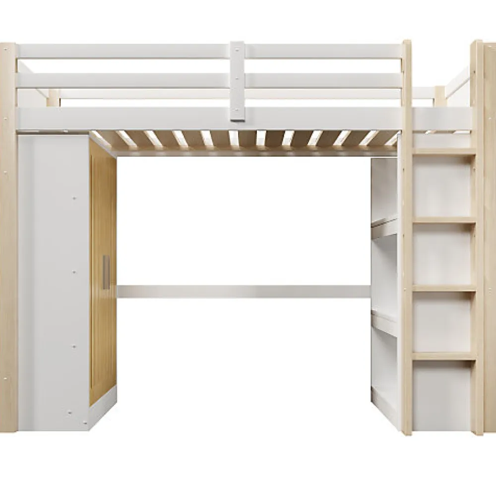 Lit mezzanine 90x200cm - avec éclairage LED - avec armoire - avec étagères - blanc + naturel (matelas non inclus)>ModernLuxe Outlet