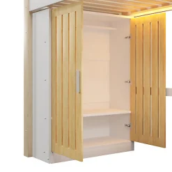 Lit mezzanine 90x200cm - avec éclairage LED - avec armoire - avec étagères - blanc + naturel (matelas non inclus)><noscript><img width=
