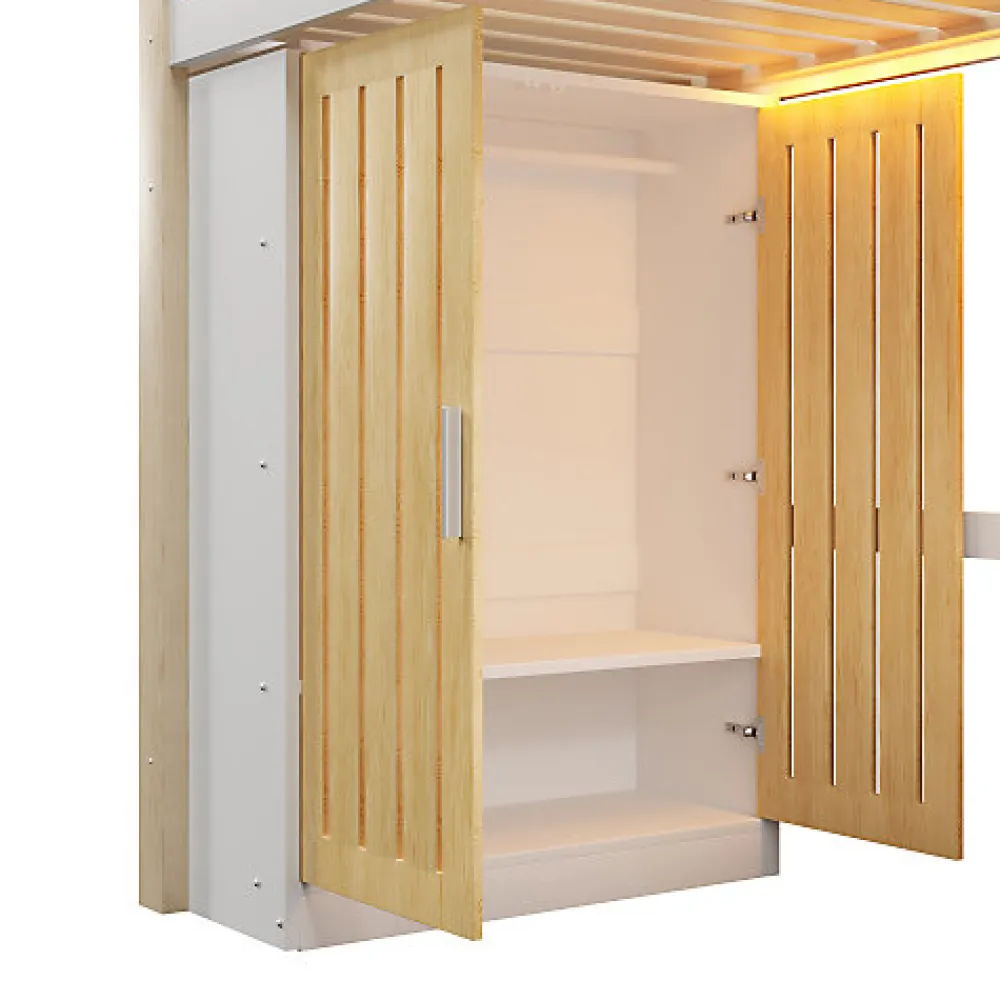 Lit mezzanine 90x200cm - avec éclairage LED - avec armoire - avec étagères - blanc + naturel (matelas non inclus)>ModernLuxe Outlet