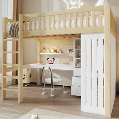 Lit mezzanine 140x200cm - bureau et armoire - 3 tiroirs - escalier - naturel (matelas non inclus)>ModernLuxe