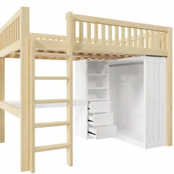 Lit mezzanine 140x200cm - bureau et armoire - 3 tiroirs - escalier - naturel (matelas non inclus)><noscript><img width=