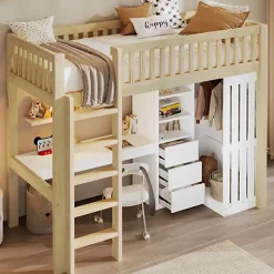 ModernLuxe Lit mezzanine 90x200cm - bureau et armoire - 3 tiroirs - escalier - naturel (matelas non inclus)* Lit Mezzanine