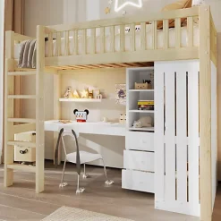 ModernLuxe Lit mezzanine 90x200cm - bureau et armoire - 3 tiroirs - escalier - naturel (matelas non inclus)* Lit Mezzanine