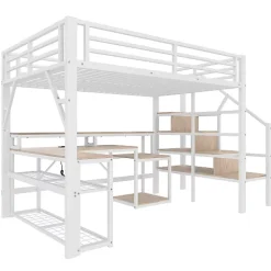 ModernLuxe Lit mezzanine 140x200cm - escalier de sécurité - rambarde - LED - bureau - port USB - blanc (matelas non inclus)* Lit Mezzanine