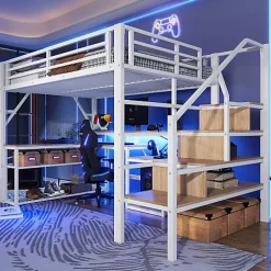 ModernLuxe Lit mezzanine 140x200cm - escalier de sécurité - rambarde - LED - bureau - port USB - blanc (matelas non inclus)* Lit Mezzanine