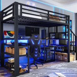 Lit mezzanine 90x200cm - escalier de sécurité - rambarde - LED - bureau - port USB - noir (matelas non inclus)>ModernLuxe