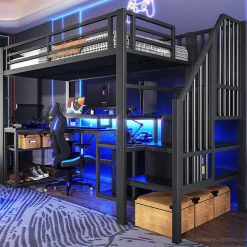 Lit mezzanine 90x200cm - escalier de sécurité - rambarde - LED - bureau - port USB - noir (matelas non inclus)><noscript><img width=