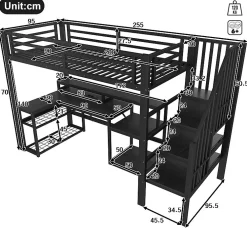 Lit mezzanine 90x200cm - escalier de sécurité - rambarde - LED - bureau - port USB - noir (matelas non inclus)><noscript><img width=
