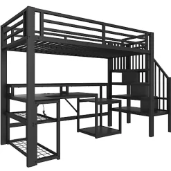 Lit mezzanine 90x200cm - escalier de sécurité - rambarde - LED - bureau - port USB - noir (matelas non inclus)><noscript><img width=