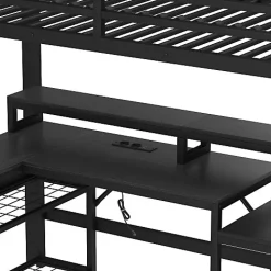 Lit mezzanine 90x200cm - escalier de sécurité - rambarde - LED - bureau - port USB - noir (matelas non inclus)><noscript><img width=