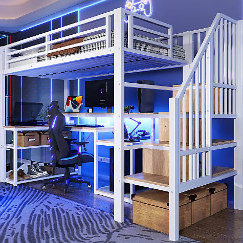 Lit mezzanine 90x200cm - escalier de sécurité - rambarde - LED - bureau - port USB - blanc (matelas non inclus)>ModernLuxe Hot