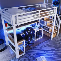 Lit mezzanine 90x200cm - escalier de sécurité - rambarde - LED - bureau - port USB - blanc (matelas non inclus)><noscript><img width=