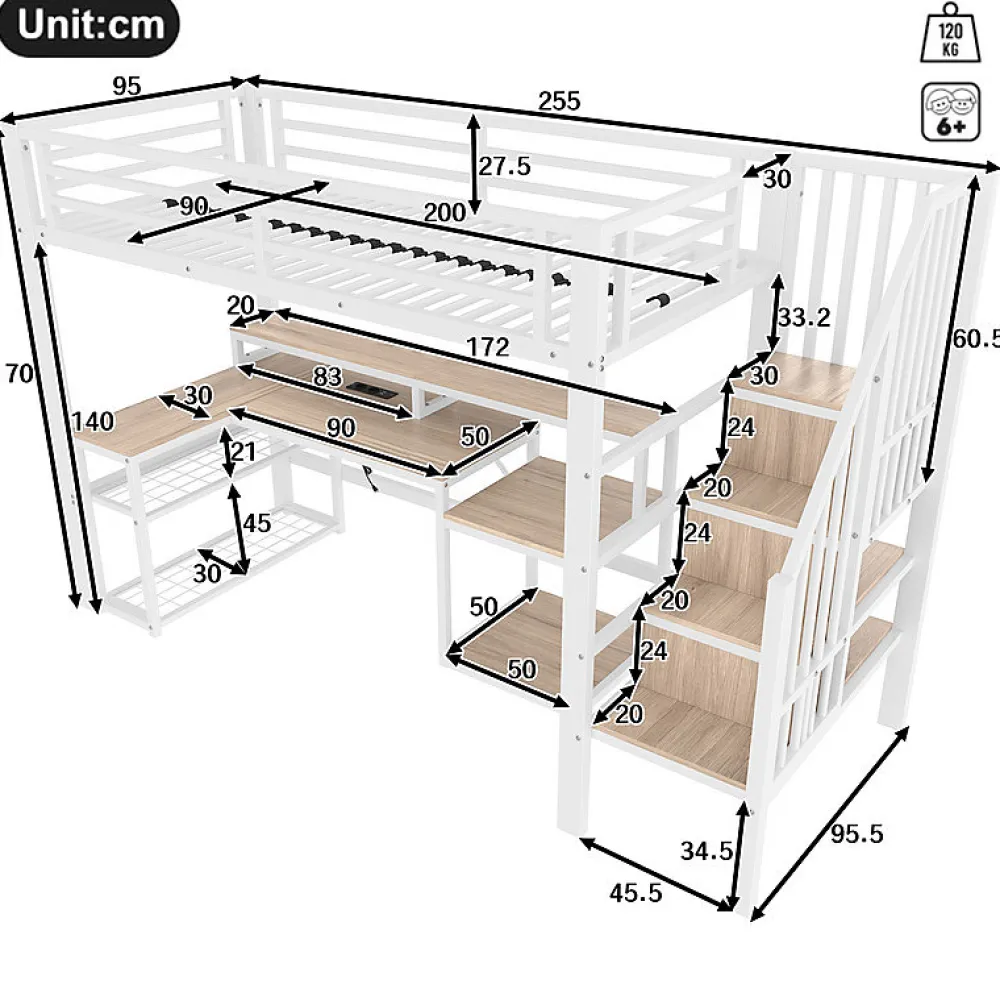 Lit mezzanine 90x200cm - escalier de sécurité - rambarde - LED - bureau - port USB - blanc (matelas non inclus)>ModernLuxe Hot