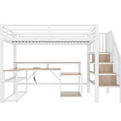 Lit mezzanine 90x200cm - escalier de sécurité - rambarde - LED - bureau - port USB - blanc (matelas non inclus)><noscript><img width=
